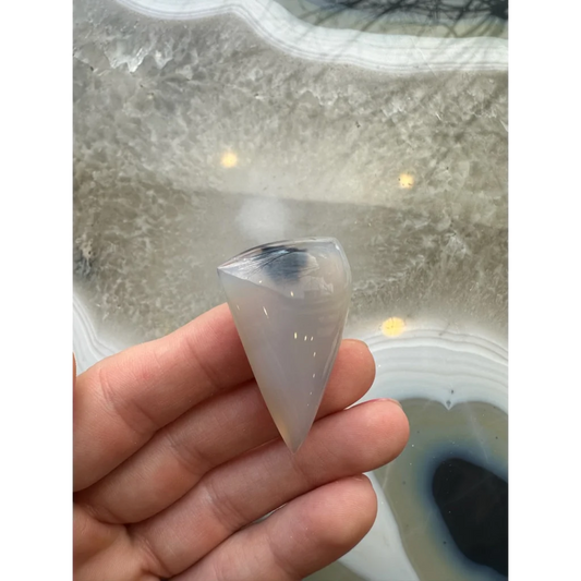 Stunning moss agate cabochon with dreamy blue veining