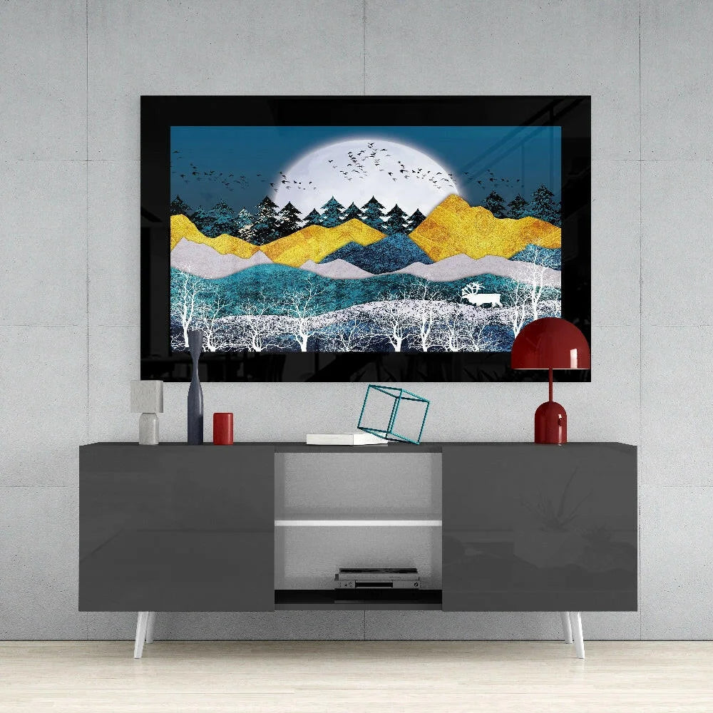 Stunning mountain glass wall art with moon, blue-yellow landscape, black frame
