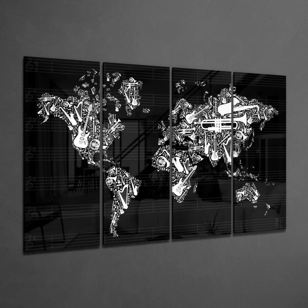 Black and white musical instruments glass wall art map