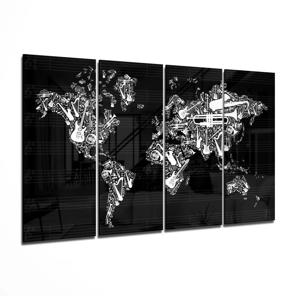 Stunning musical world map glass wall art with metallic shine