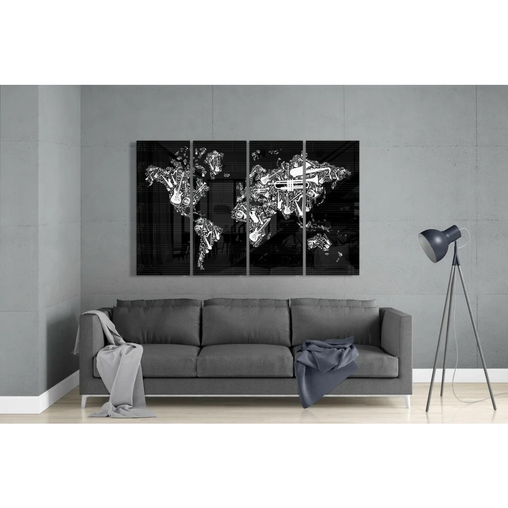 Stunning musical world map glass wall art with metallic shine