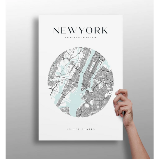 Stunning blue and white New York City map poster on aluminum print