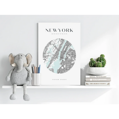 Gray plush elephant toy with floppy ears on NYC map print shelf