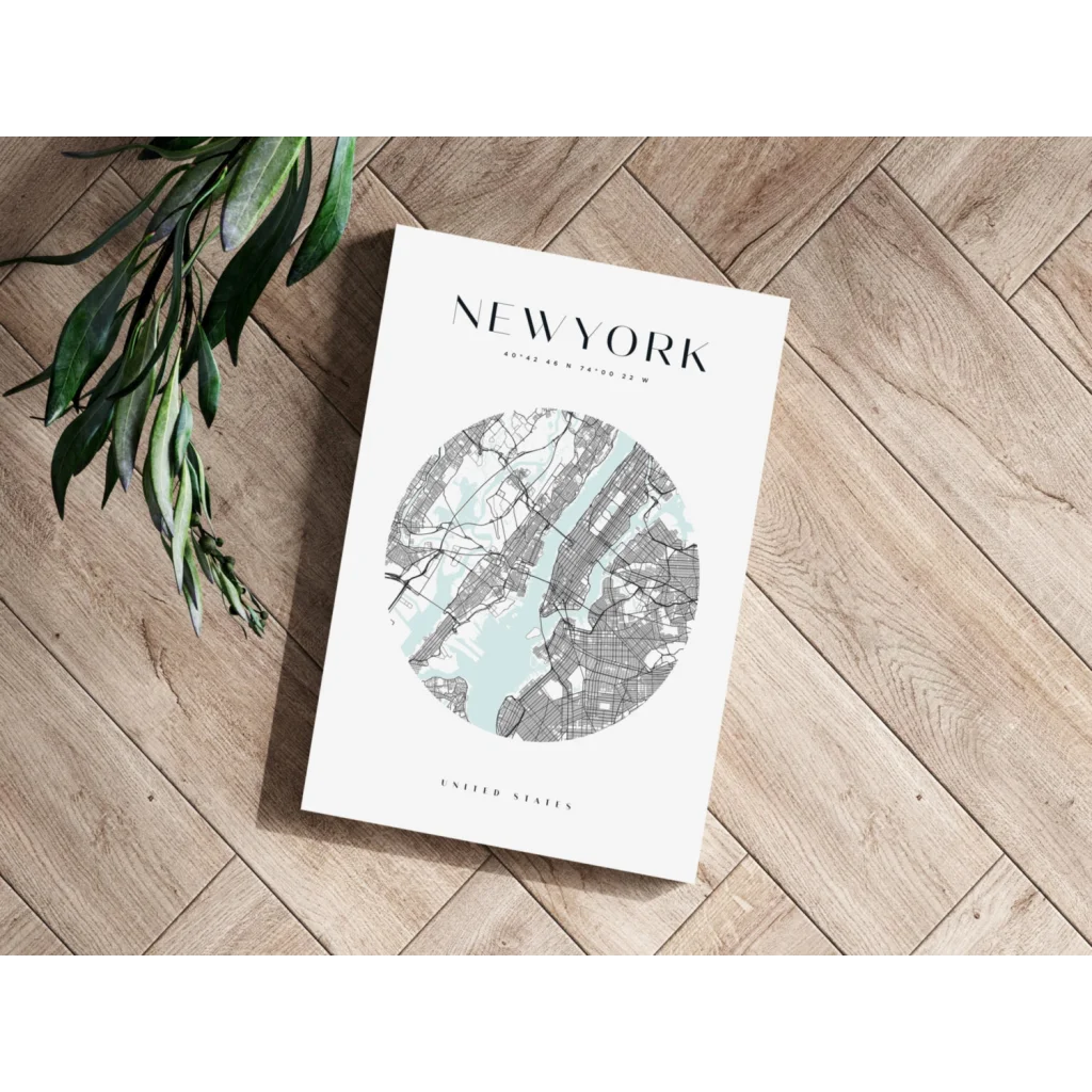 Stunning white New York City map poster with circular gray lines on wood floor