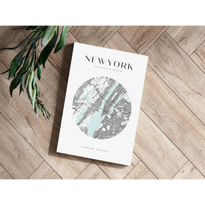 Stunning white New York City map poster with circular gray lines on wood floor