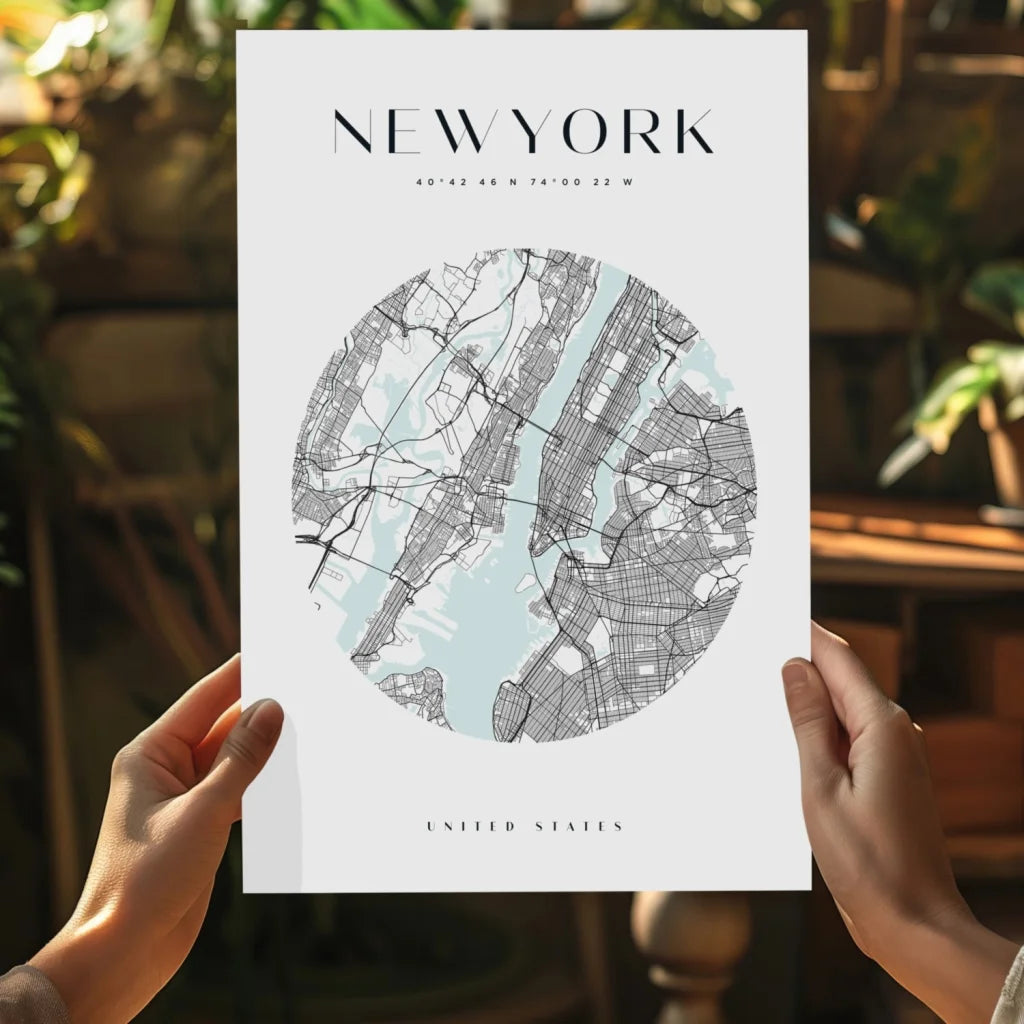 Stunning New York City map aluminum print on wooden table