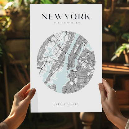 Stunning New York City map aluminum print on wooden table