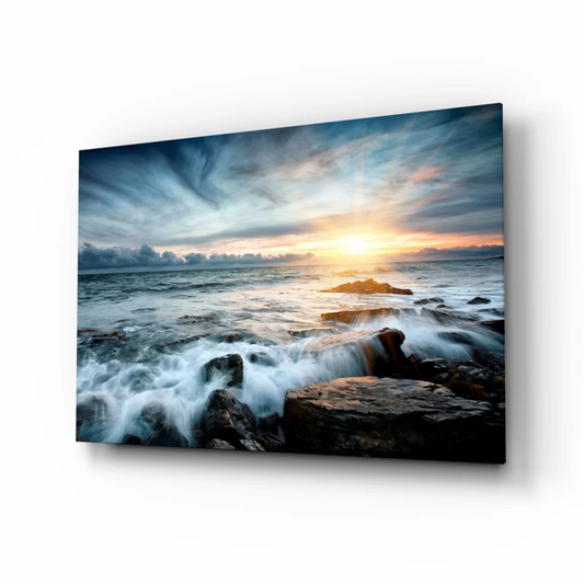 Dramatic ocean sunset glass wall art with crashing waves on canvas