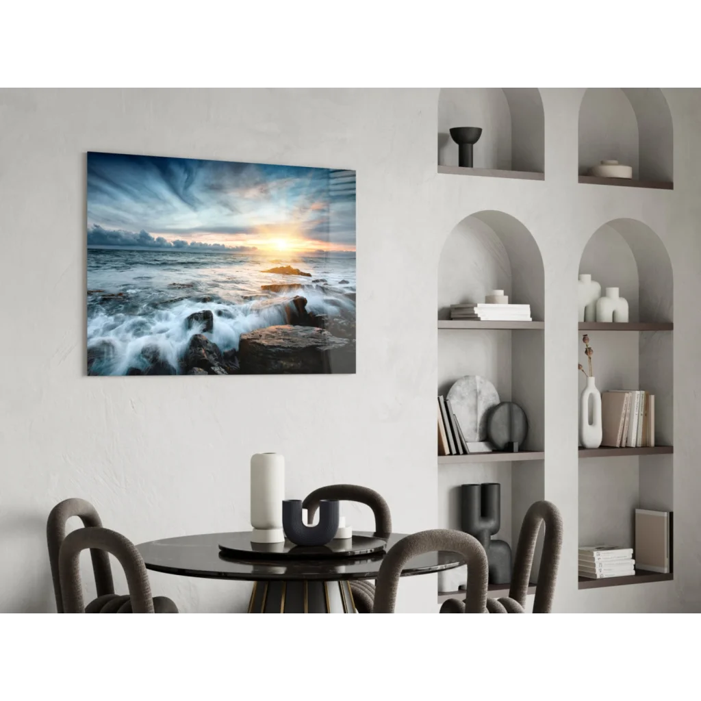 Stunning ocean sunset glass wall art with crashing waves on white wall