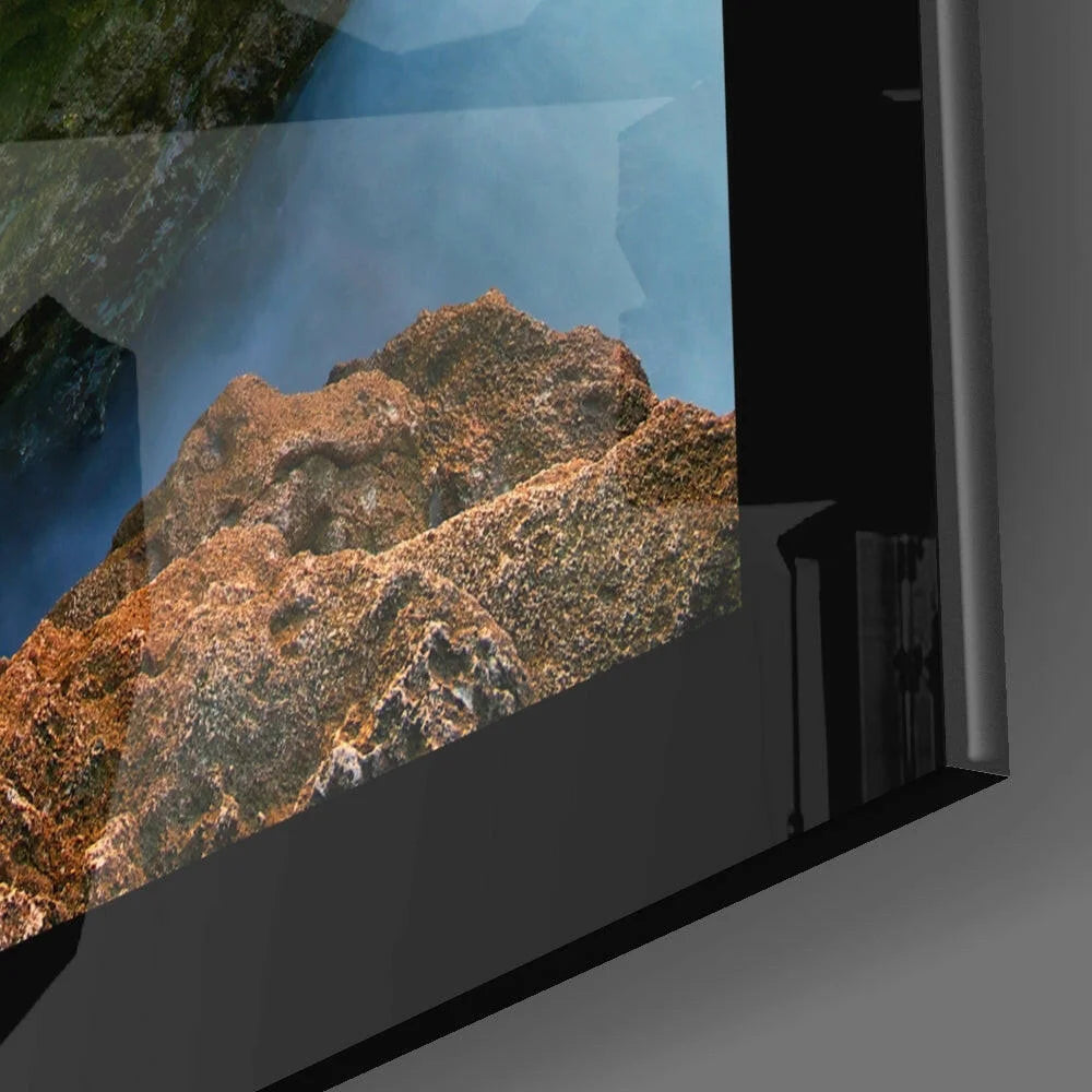 Sleek black framed 4K curved glass wall art of ocean sunset