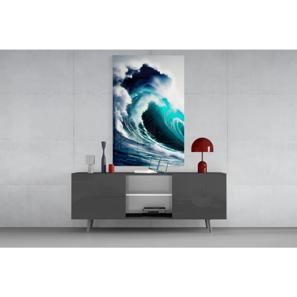 Vibrant turquoise ocean wave glass wall art above gray console