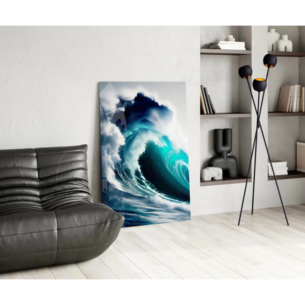 Stunning turquoise blue ocean wave glass wall art