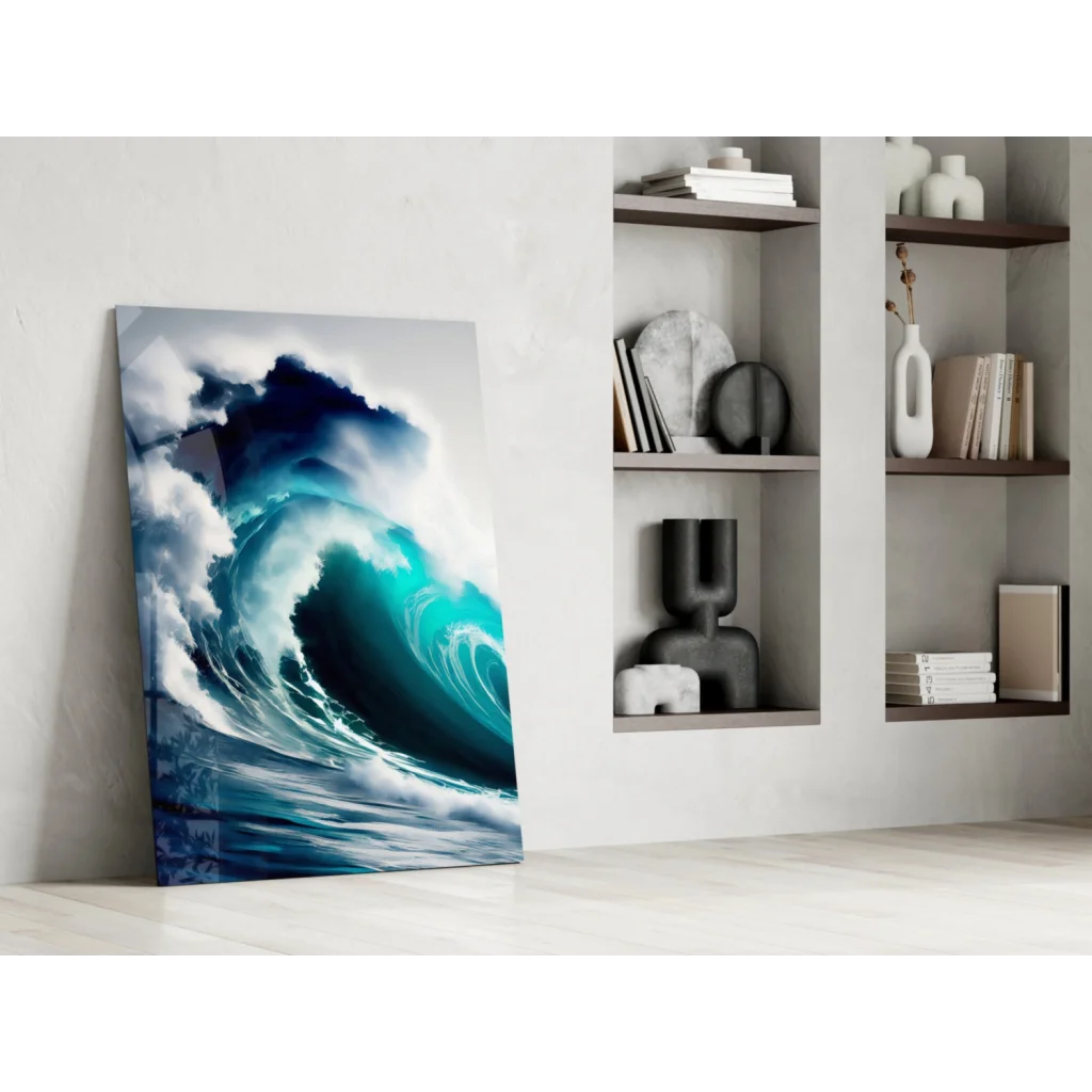 Vibrant turquoise blue glass wall art of ocean wave against white wall