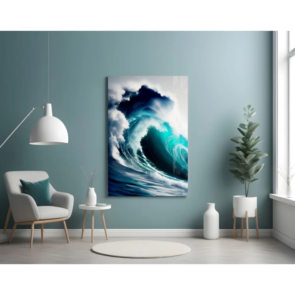 Stunning turquoise blue ocean wave glass wall art