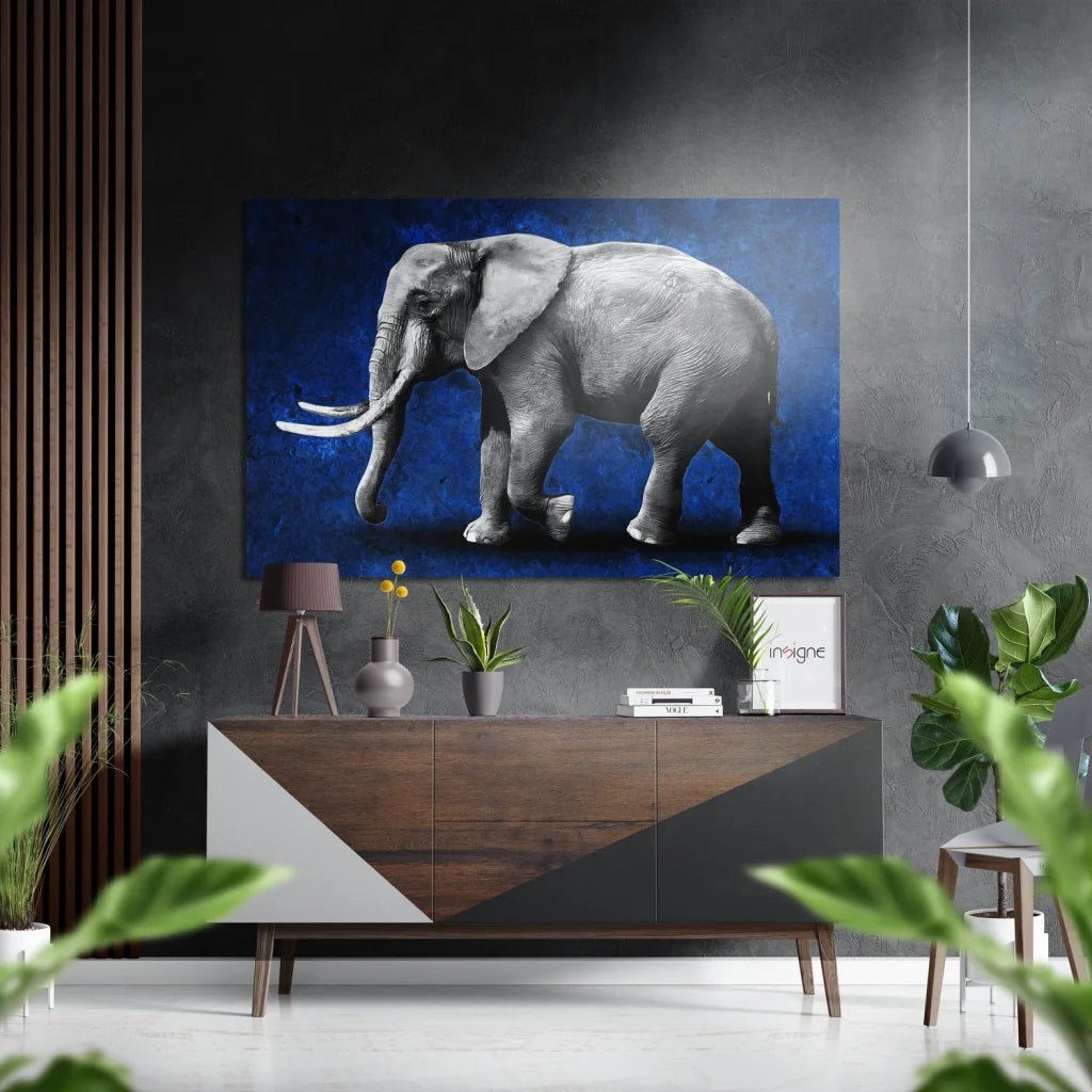 Elephant wall art on blue background in brushed aluminium dibond
