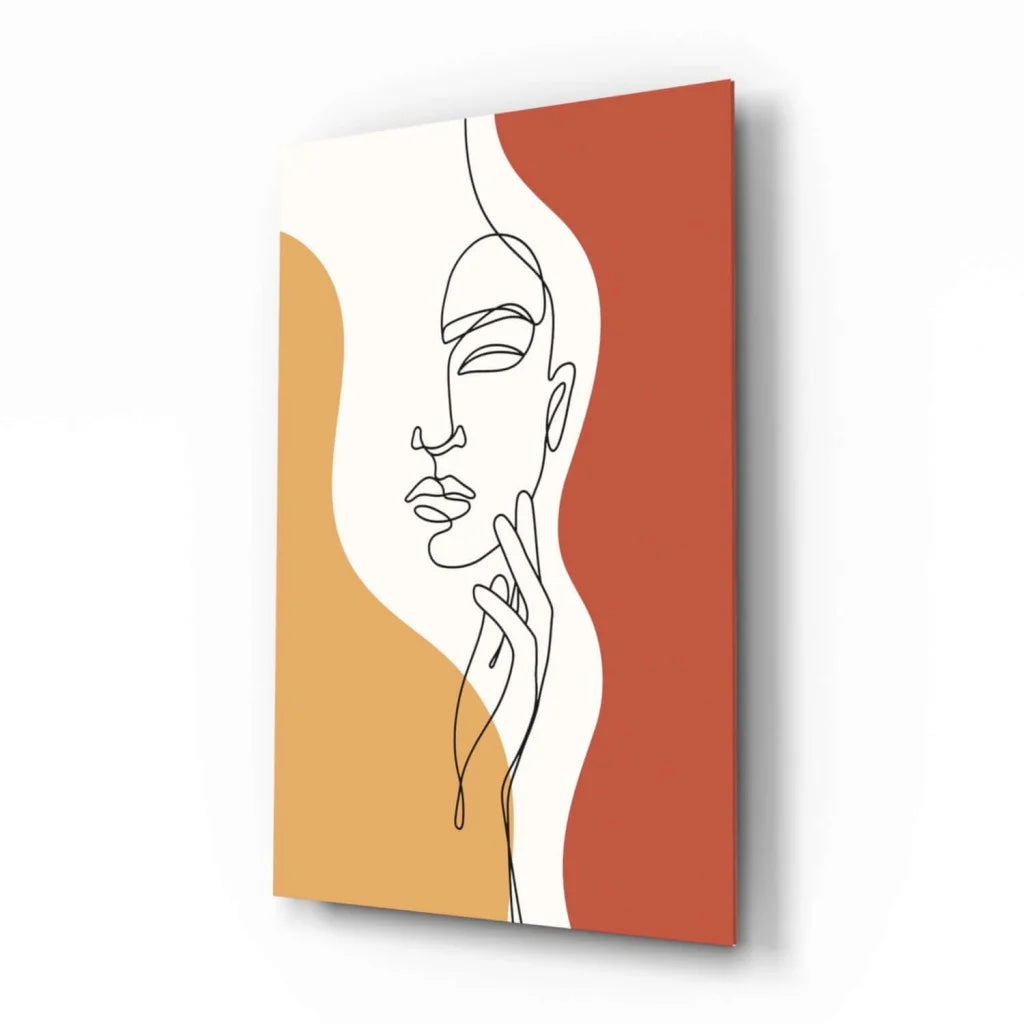 White line art woman portrait on orange glass wall art background