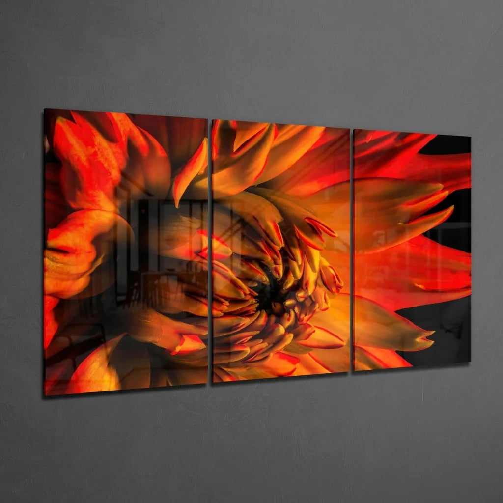 Vibrant orange red abstract dahlia glass wall art on three modern panels