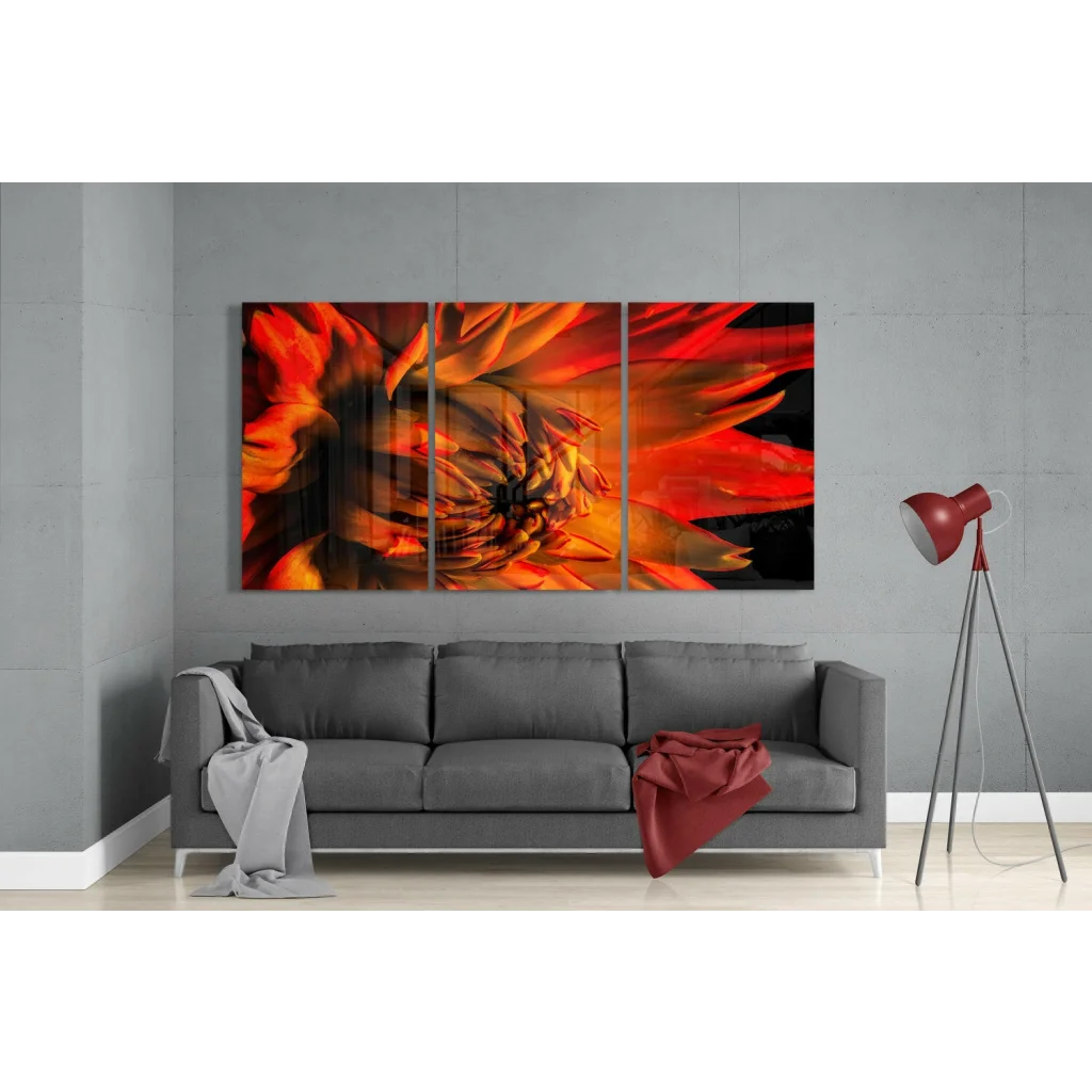 Stunning Orange Dahlia glass wall art in vibrant red floral living room display