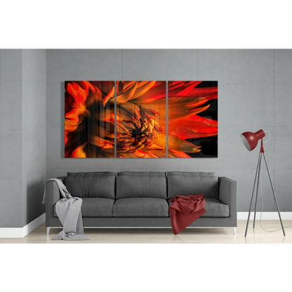 Stunning Orange Dahlia glass wall art in vibrant red floral living room display