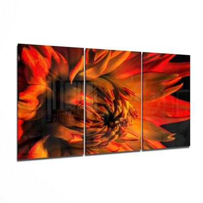 Vibrant orange red dahlia on glossy glass wall art three panel set
