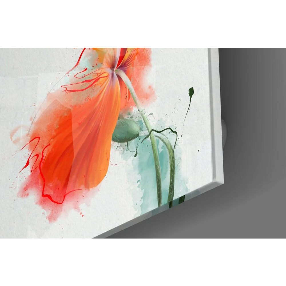 Vibrant orange poppy glass wall art with watercolor splashes
