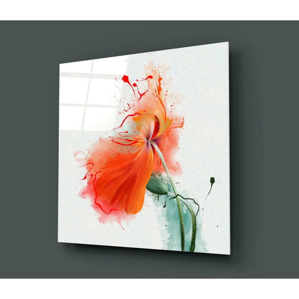 Vibrant orange poppy glass wall art with red and green watercolor splashes