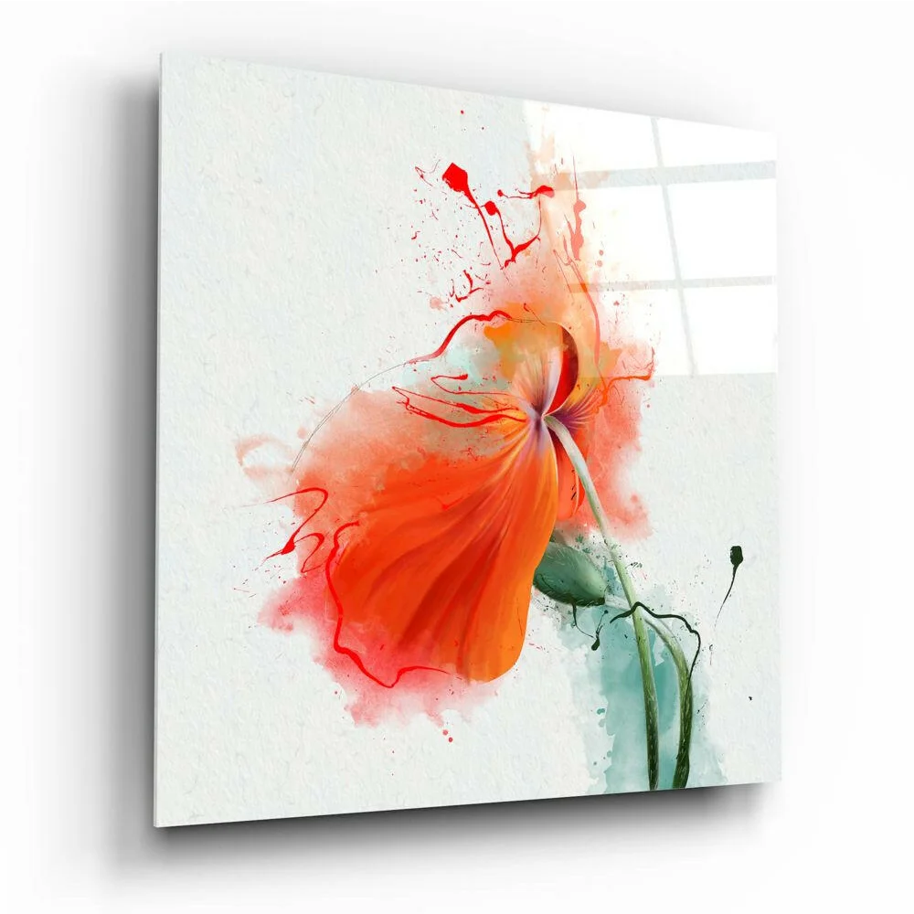 Vibrant orange poppy glass wall art with watercolor splashes