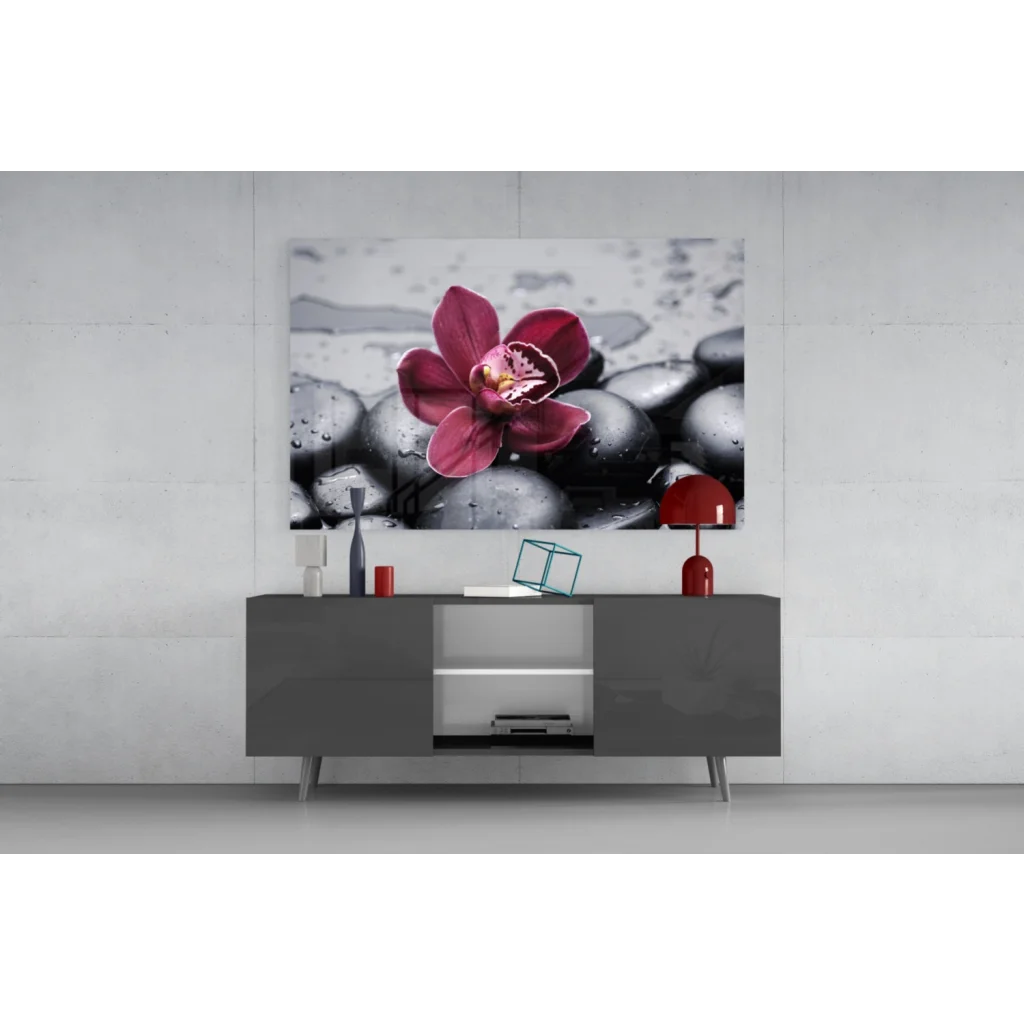 Modern black and white zen glass wall art with pink orchid