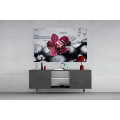 Modern black and white zen glass wall art with pink orchid