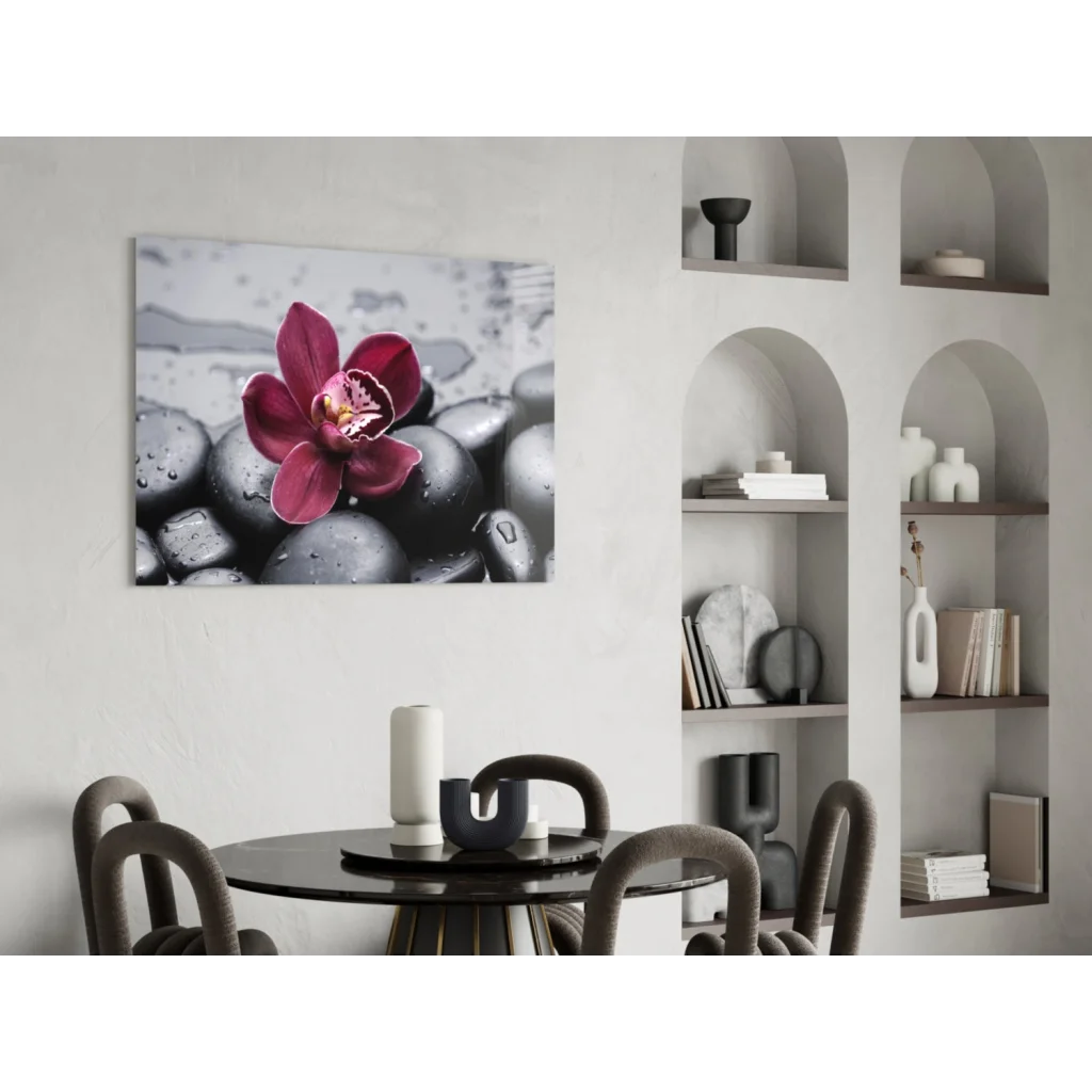 Red orchid glass wall art with zen black and white stones