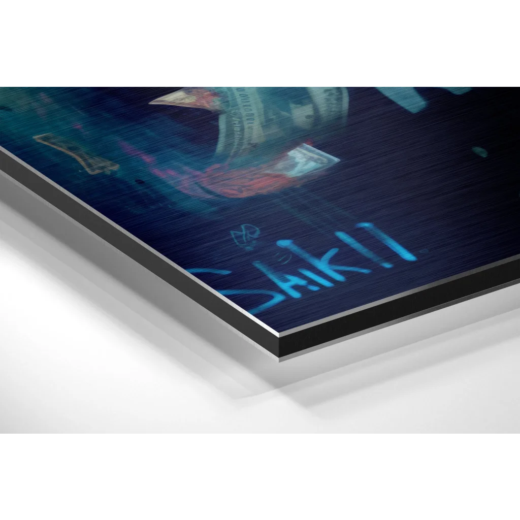 Glass Wall Art Stunning panda art on brushed aluminium dibond with 20 dollar bill print