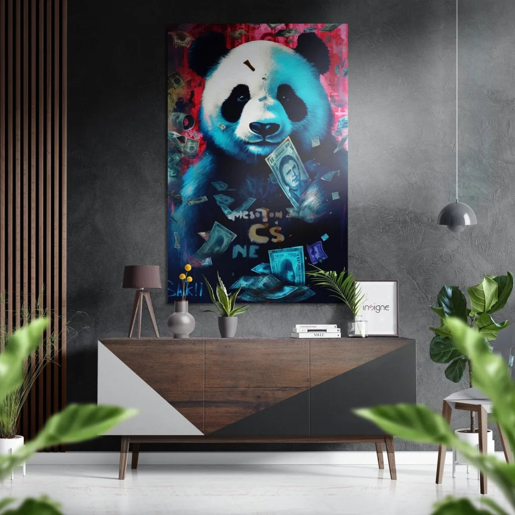 Playful panda art print in blue black tones on brushed aluminium dibond