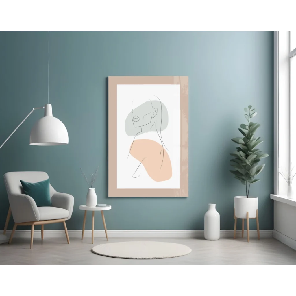 Stunning pastel abstract wall art print in beige frame on teal background