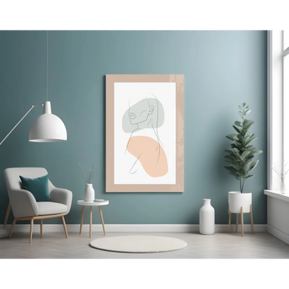 Stunning pastel abstract wall art print in beige frame on teal background