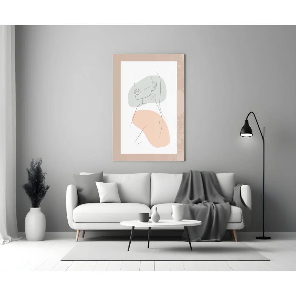 White modern sofa with gray throw and black frame near stunning pastel abstract wall art