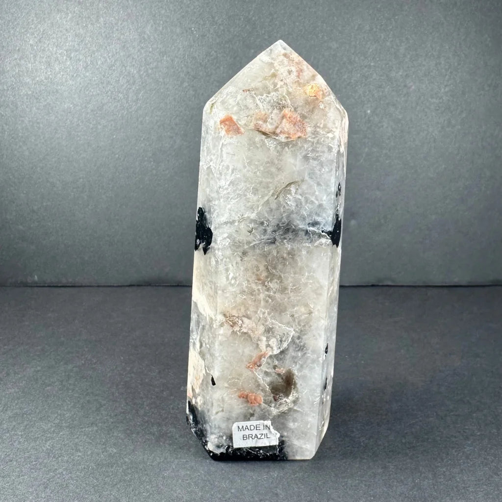 Stunning peach moonstone tower from Brazil with quartz inclusions
