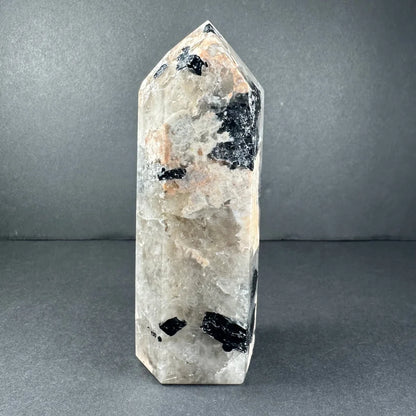 Stunning peach moonstone tower from Brazil with quartz inclusions