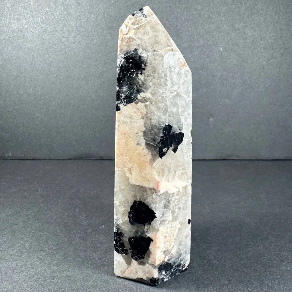 Stunning peach moonstone tower from Brazil with quartz inclusions