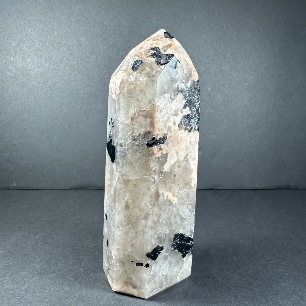 Stunning peach moonstone tower with clear quartz inclusions from Brazil