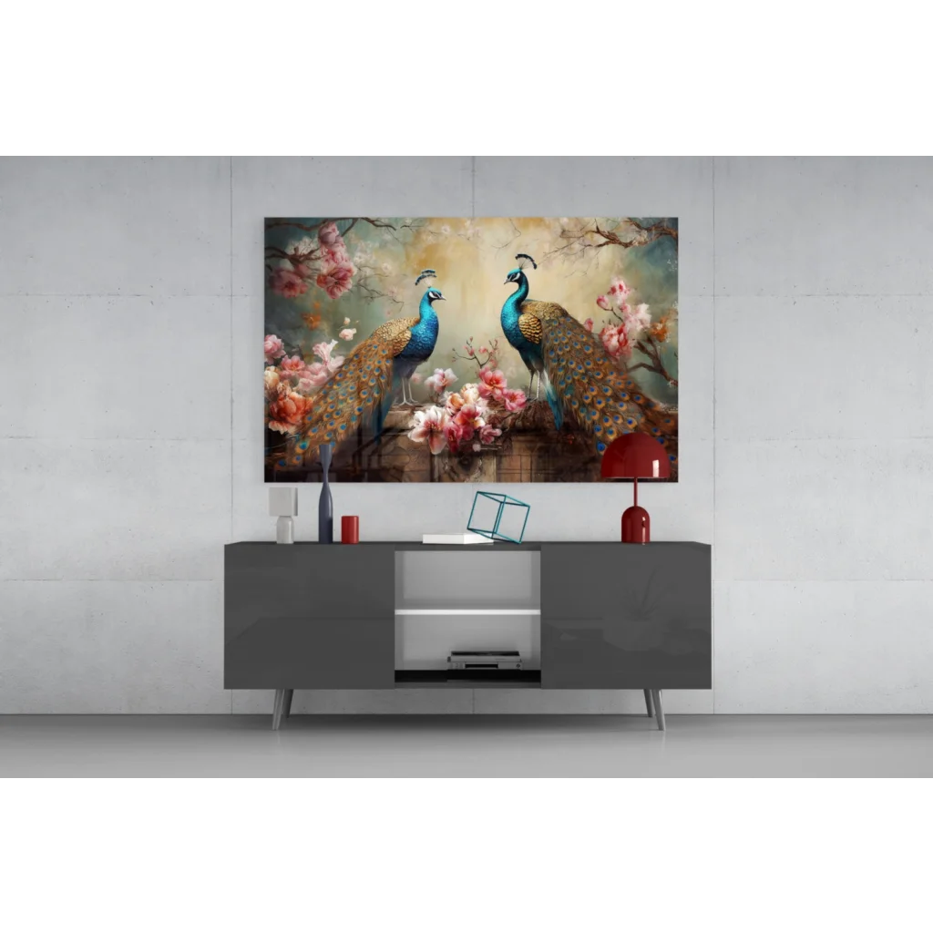 24-inch silver-framed peacock glass wall art with vibrant florals