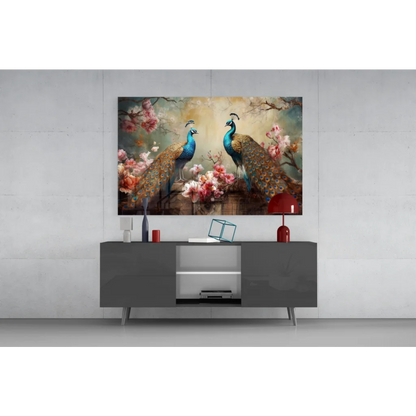 24-inch silver-framed peacock glass wall art with vibrant florals