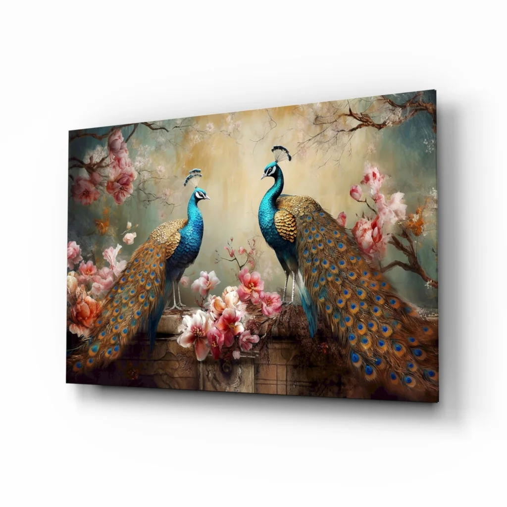 Vibrant peacock feather wall art with blue green feathers pink blossoms rustic frame