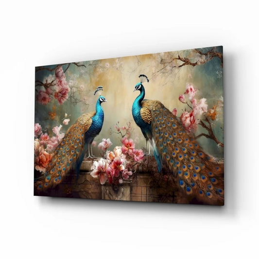 Vibrant peacock feather wall art with blue green feathers pink blossoms rustic frame