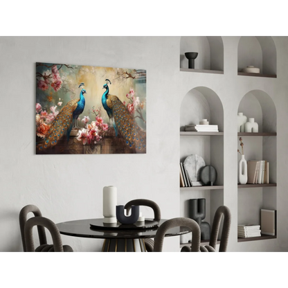 Stunning peacock feather wall art with vibrant florals on canvas