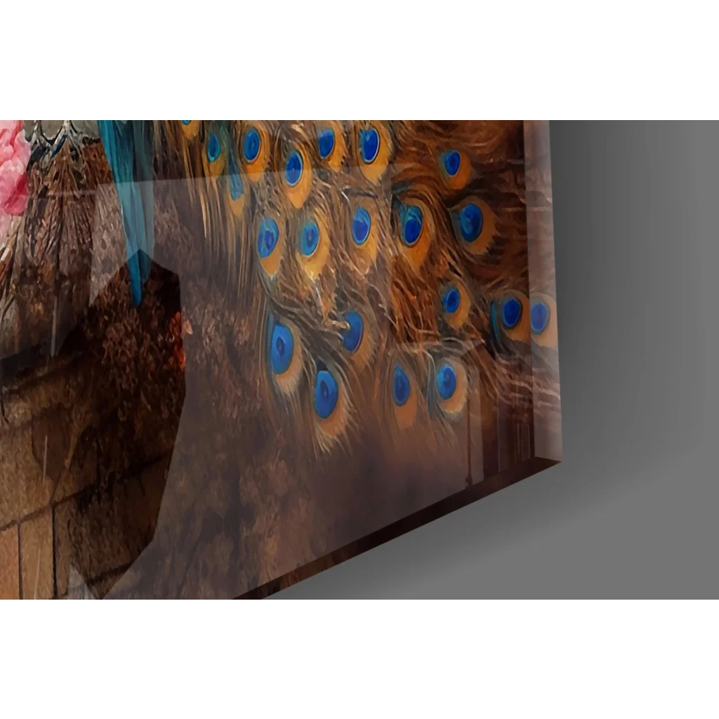Vibrant peacock feather glass wall art with blue gold eyes in wood frame