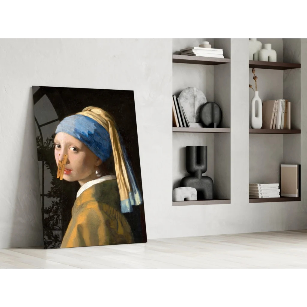 Stunning pearl earring glass wall art canvas print with blue headband