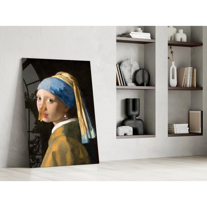 Stunning pearl earring glass wall art canvas print with blue headband