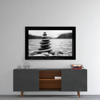 Monochrome pebble stack glass wall art