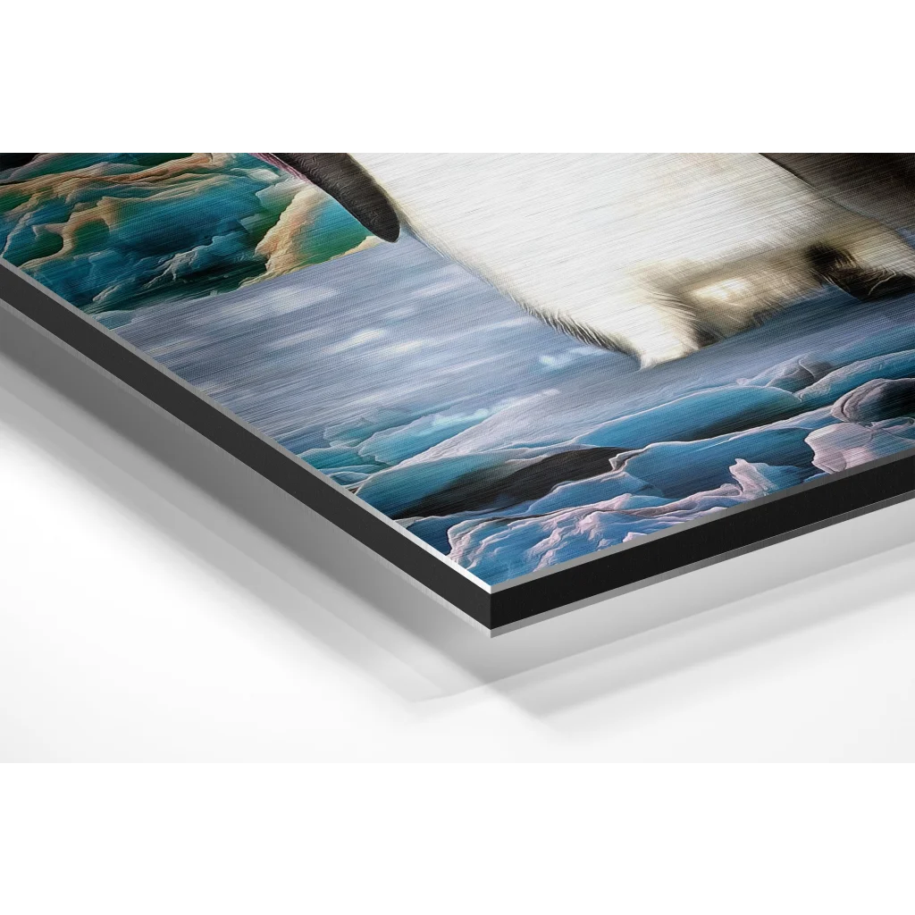 Glass Wall Art Dynamic penguin artwork on brushed aluminium dibond print