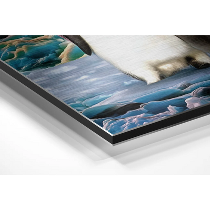 Dynamic penguin artwork on brushed aluminium dibond print